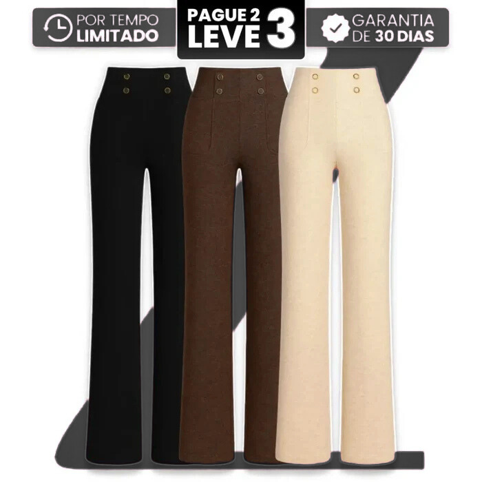 [Leve 3, Pague Só 2] Calça Solena Feminina em Algodão, Poliéster e Viscose de Cintura Alta com Botões Frontais - Mega Promoção