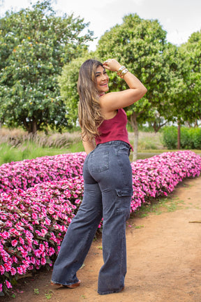 Calça Marmorizada wide leg cargo