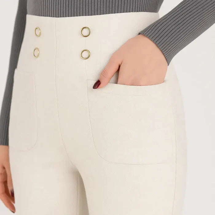 [Leve 3, Pague Só 2] Calça Solena Feminina em Algodão, Poliéster e Viscose de Cintura Alta com Botões Frontais - Mega Promoção