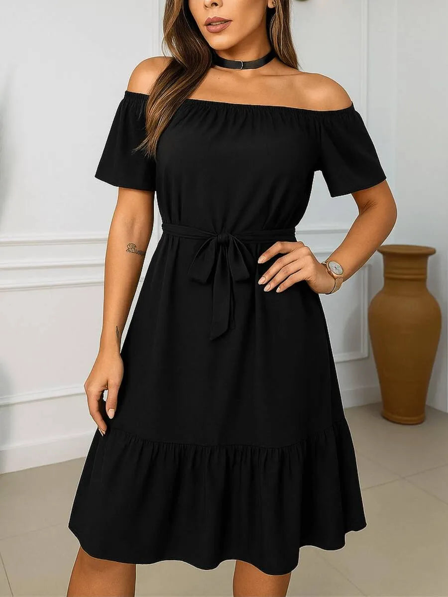 Vestido Feminino Ombro a Ombro Com Laço Removível